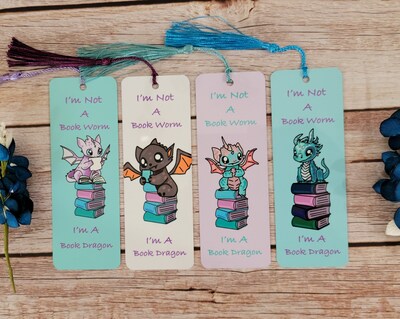 I'm not a Book Worm I'm a Book Dragon Cute Metal Book Mark  - Perfect for Book Lovers and Gift Giving, Bookmark with tassels, Set of 4 - image1